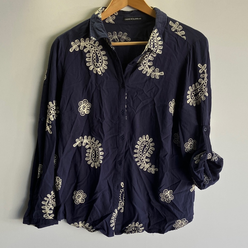 Current/Elliott Dark Blue Button Down Shirt with White Embroidery